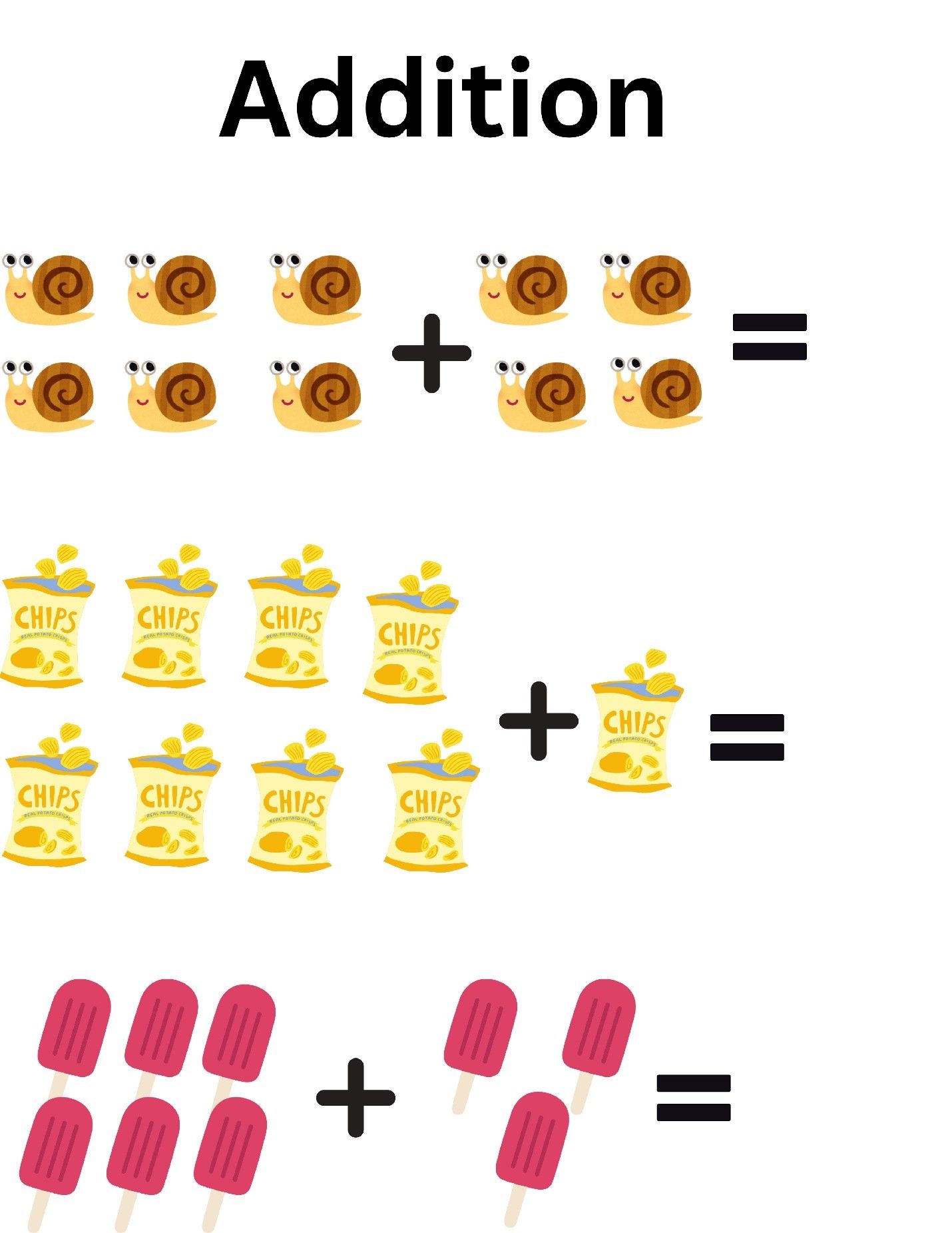 Printable addition practice worksheet with snails, snack bags, and popsicles.