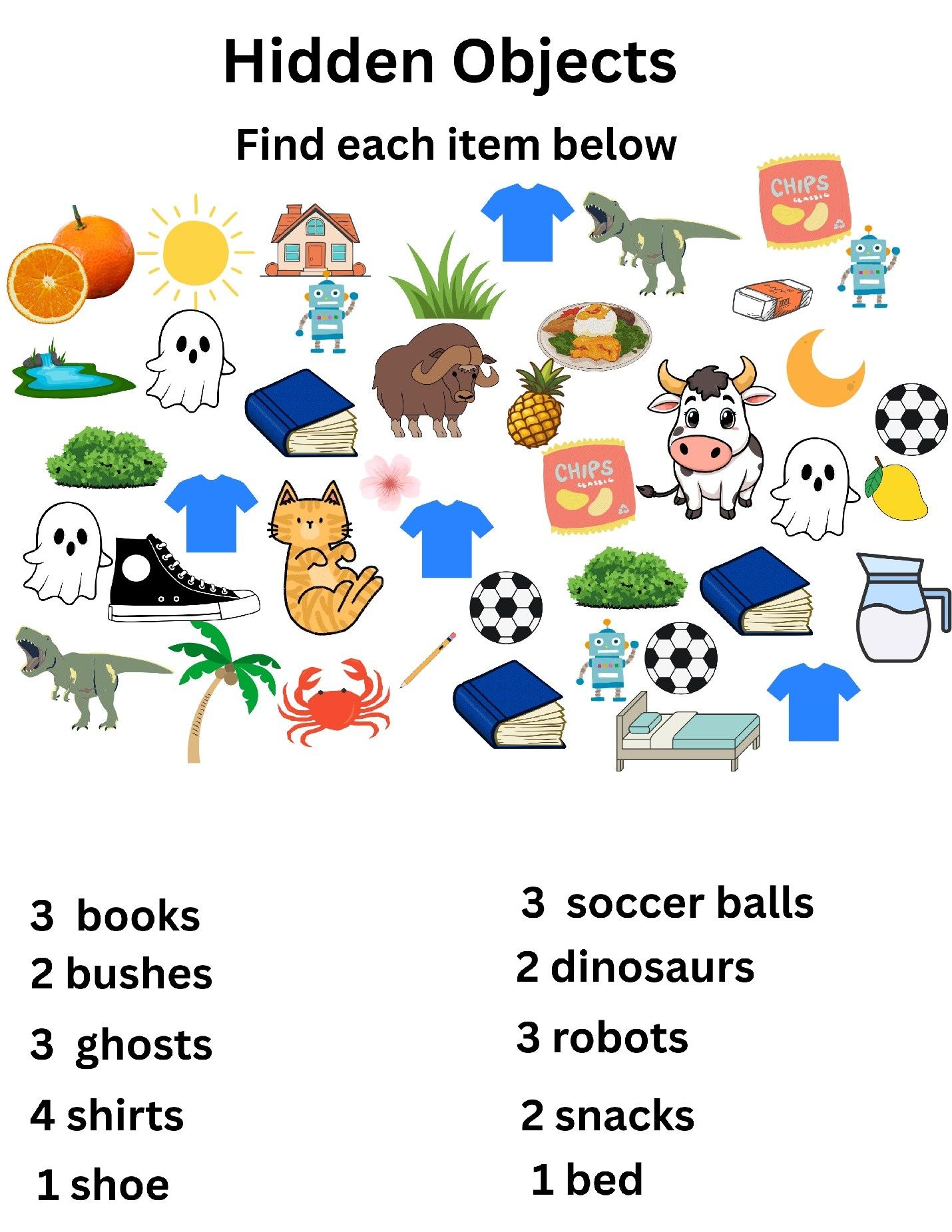 Printable hidden object hunt filled with friendly illustrated objects and counting prompts.