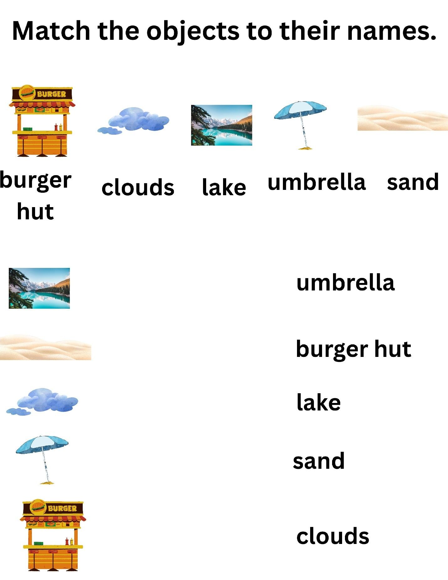 Printable matching activity with a burger hut, clouds, lake, umbrella, and sand.
