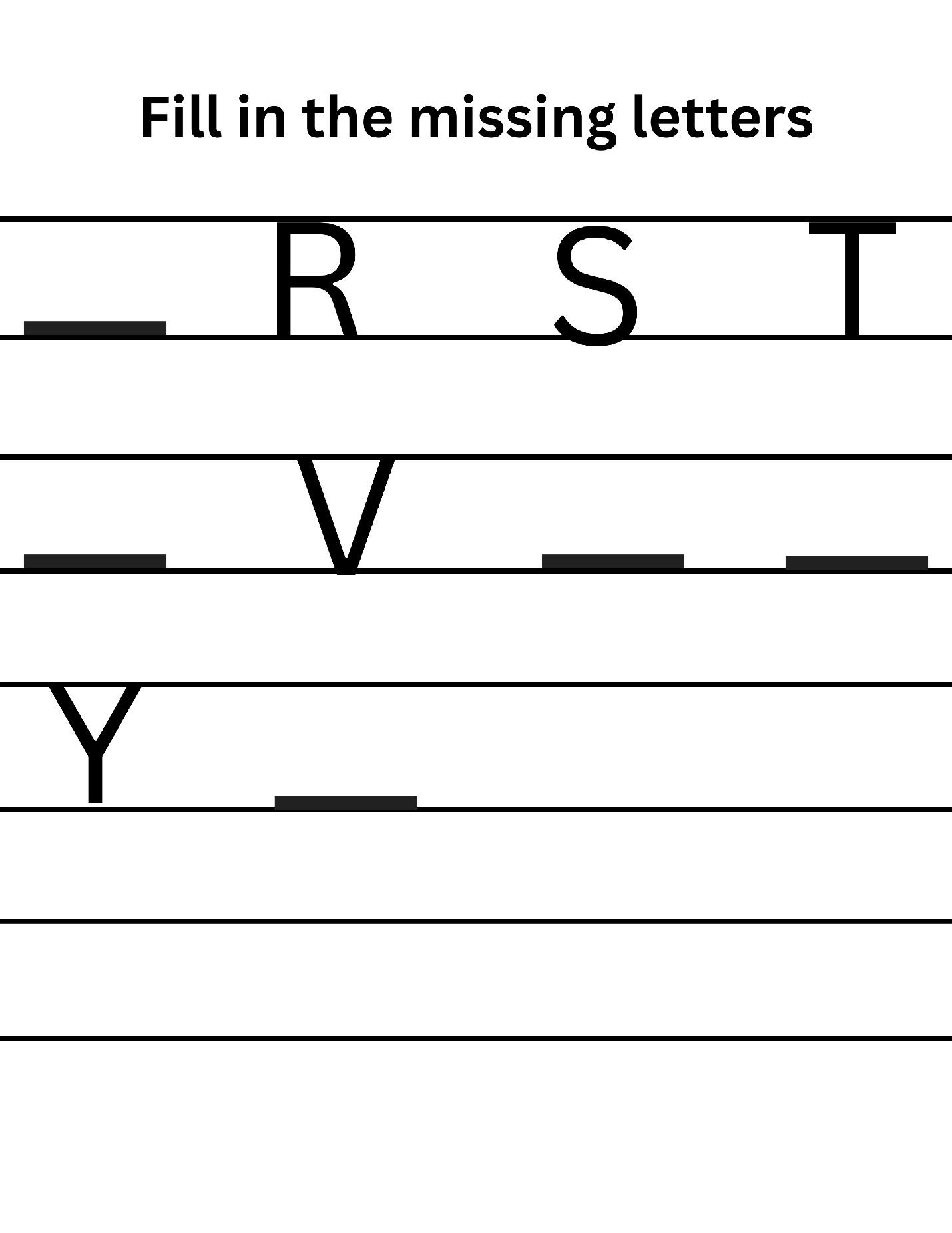 Printable missing-letters worksheet with large alphabet practice lines for letters R through Y.
