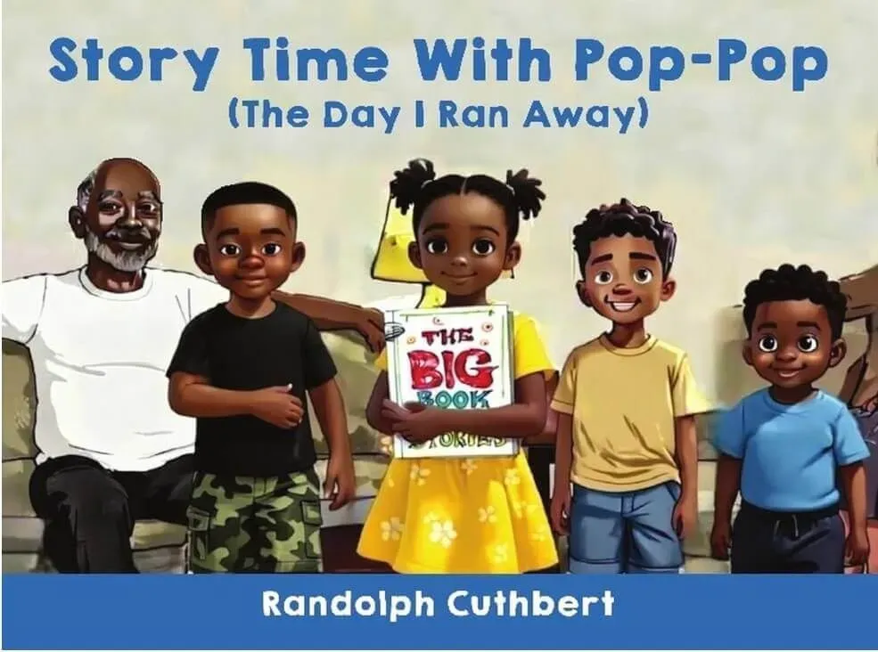 Front cover of Story Time with Pop-Pop: The Day I Ran Away by Randolph Cuthbert, showing a grandfather reading with his grandchildren on a sofa.